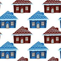 Colorful pattern of winter houses with snow on rooftops against a dark background vector