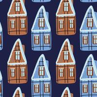 Colorful pattern of winter houses with snow on rooftops against a dark background vector