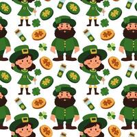 Festive design featuring cheerful characters and symbols of St. Patrick's Day celebration with green tones and festive elements. Seamless pattern vector