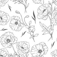 Floral seamless pattern Poppy graphics. Poppy background. Eco friendly background. Poppy flowers and greenery hand drawn line art design. Elegant seamless background endless pattern minimalist style vector