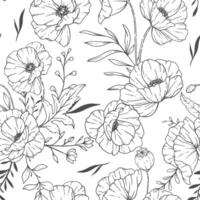 Modern Floral seamless pattern. Poppy background. Eco friendly background. Poppy flowers and greenery hand drawn line art design. Elegant seamless background endless pattern minimalist style vector