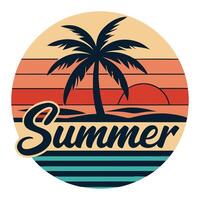 retro summer logo with palm tree and sunset vector