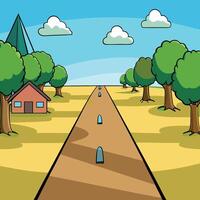 cartoon road with trees and houses in the background vector