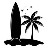 surfboard and palm tree silhouette on the beach vector