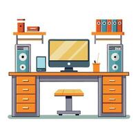 computer desk with speakers and other items. vector
