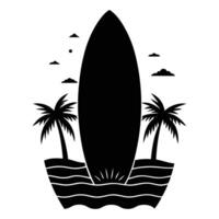 surfboard silhouette with palm trees and waves vector