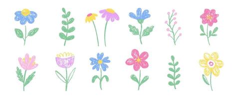Set of doodle flowers for kids with crayon, chalk or pastel texture. Sketch spring floral background. Easter or summer illustration on a white background. vector