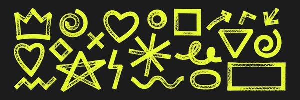 Set of geometric shapes with brush, crayon or marker texture. Crown, heart, star and rectangle with sketch lines. Yellow illustration on a white blackboard. vector