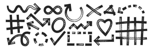 Set of geometric shapes with brush, crayon or marker texture. Arrow, heart, infinity and grid with sketch lines. Black illustration isolated on a white background. vector