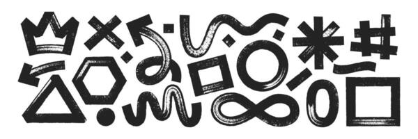 Set of geometric shapes with brush, crayon or marker texture. Crown, heart, infinity and rectangle with sketch lines. Black illustration isolated on a white background. vector