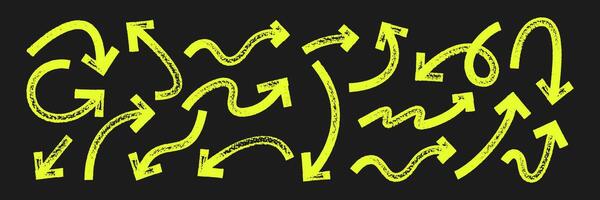 Set of thick and squiggle arrows and pointers with brush, crayon or marker texture. Elements of navigation or direction. Yellow illustration on a blackboard. vector