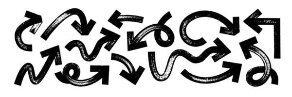 Set of thick and curve arrows and pointers with brush, crayon or marker texture. Elements of navigation or direction. Black illustration on a white background. vector