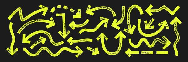 Set of sketch arrows and pointers with brush, crayon or marker texture. Elements of navigation or direction for design. Yellow illustration on a Blackboard. vector