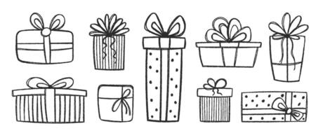 Set of birthday gift boxes with crayon, pastel or chalk texture. Doodle hand drawn presents. Sketch illustration on a white background. vector