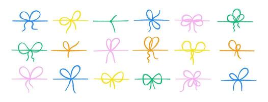 Set of cute bows with crayon, pastel or chalk texture. Outline sketch illustration. vector
