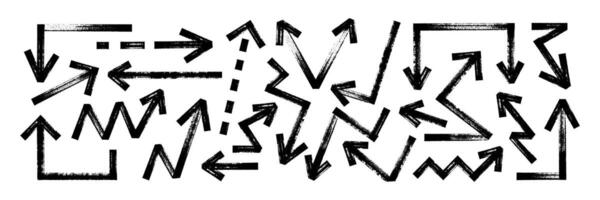Set of thick and zigzag arrows and pointers with brush, crayon or marker texture. Elements of navigation or direction. Black illustration isolated on a white background. vector