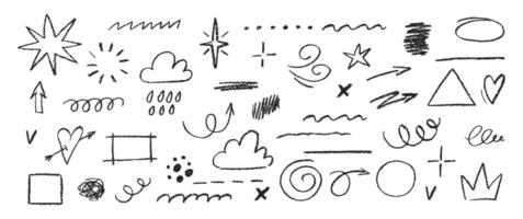 Set of doodle hand drawn elements for text with crayon or pastel texture. Arrows, shapes and frames. Chalk illustration. vector