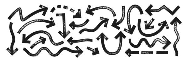 Set of sketch arrows and pointers with brush, crayon or marker texture. Elements of navigation or direction for design. Black illustration isolated on a white background. vector