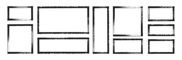 Set of grunge text frames with brush, crayon or pastel texture. Graphic rectangle elements for highlights. Black illustration isolated on a white background. vector