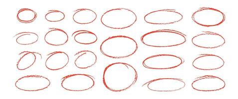 Set of red oval and circles with crayon, chalk or pastel texture. Freehand brush stroke highlight round, circular highlight frame element. illustration on a white background. vector