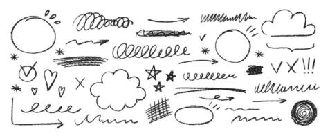 Set of doodle hand drawn elements for text decoration with crayon or pastel texture. Arrows, clouds and bubbles. Chalk illustration. vector