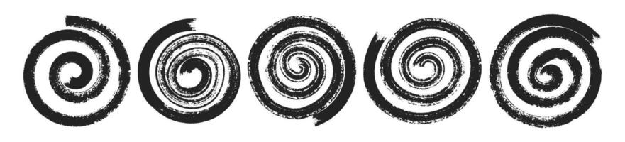 Set of spirals, swirls or spins painted with brush or marker. Hand drawn design elements with organic texture of crayon or pastel. Black illustration isolated on a white background. vector