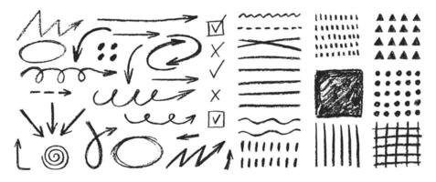 Crayon arrows, check, oval, pattern and grid collection. Freehand illustration with chalk or pastel texture. vector