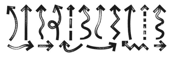 Set of grunge hand drawn long arrows with black brush or marker texture. Direction elements, curve and dotted brush strokes. Black illustration on a white background. vector