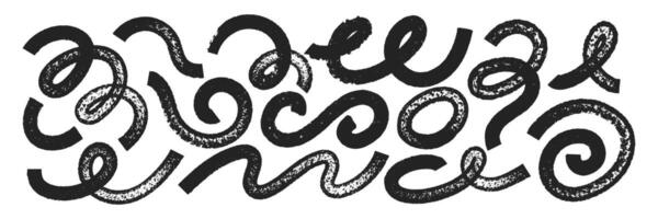 Set of hand drawn squiggle and swoosh with brush, crayon or marker texture. Wave calligraphy elements with organic texture. Black illustration isolated on white background. vector
