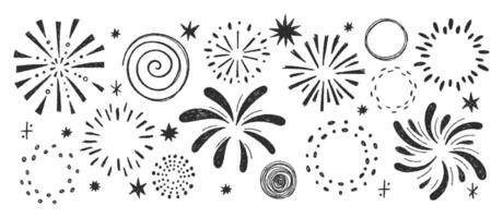 Set of hand drawn fireworks with sparkle and twinkle with crayon or pastel texture. Chalk elements of circle frames with confetti and bling for celebrate. illustration on a white background. vector
