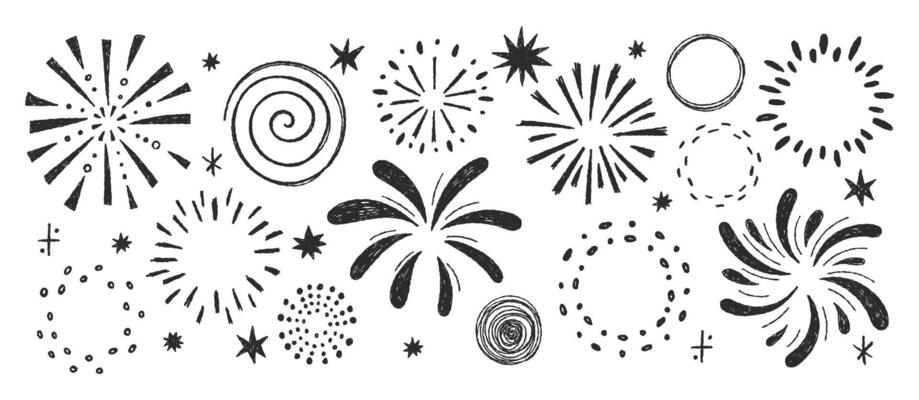 Set of hand drawn fireworks with sparkle and twinkle with crayon or pastel texture. Chalk elements of circle frames with confetti and bling for celebrate. illustration on a white background.