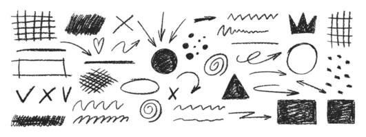 Crayon scribble arrow, underline and square. Grid, dots and waves with crayon texture. Black illustration. vector