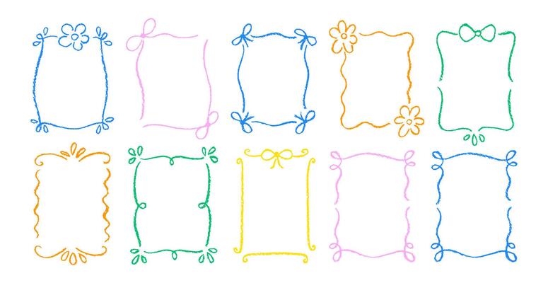Hand drawn scribble kids frame set with pastel, crayon or chalk texture. Doodle decoration with flowers and bows.