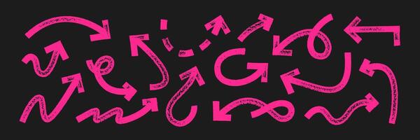 Set of hand drawn arrows and pointers with brush, crayon or marker texture. Elements of navigation or direction. Pink illustration on a blackboard. vector