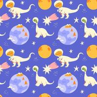 Seamless pattern with hand-drawn dinosaurs astronauts in space vector