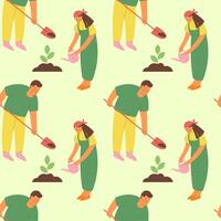 Man and woman planting trees seamless pattern vector