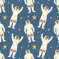 Seamless pattern with an astronaut in space among planets vector