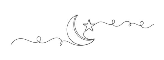 Continuous One Line Moon and Star Islamic Style Isolated. vector