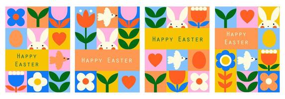Geometric spring card set. Happy Easter. Abstract flowers, leaf, shape. vector