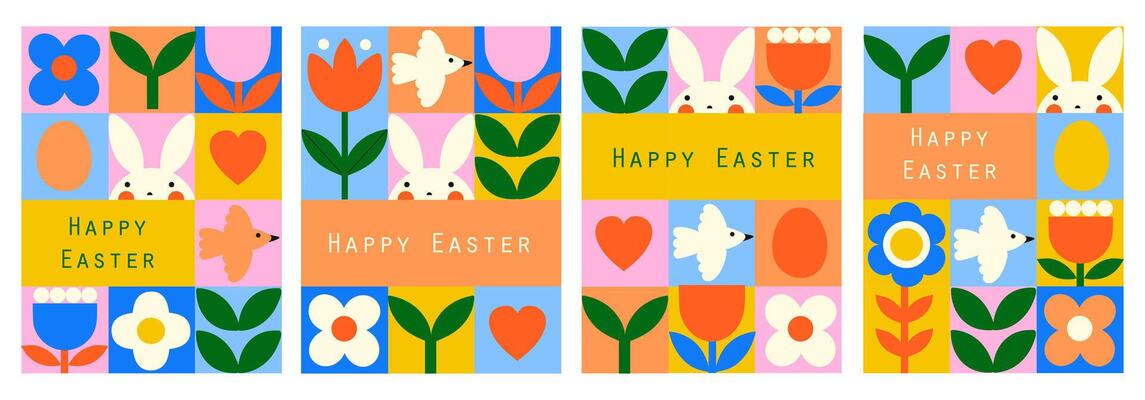 Geometric spring card set. Happy Easter. Abstract flowers, leaf, shape.
