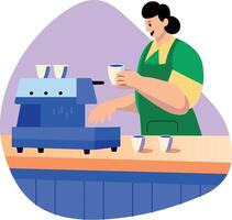 A flat illustration of a character making coffee in an espresso brewer vector