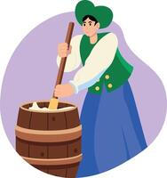 A flat illustration of a character doing butter churning vector