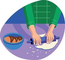 A flat style illustration of dough kneading with rolling pin vector