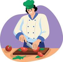 Flat illustration of a chef chopping vegetables with knife vector