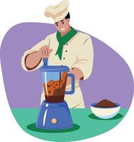 A flat style illustration of a chef blending food in a mixer vector