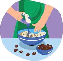 Flat illustration of mixing batter with an electric beater in a mixing bowl vector