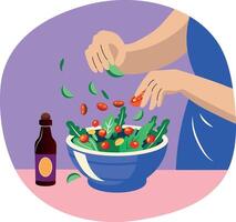 Flat style illustration of adding seasoning into a salad bowl vector