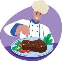 Expert chef doing steak plating, flat style illustration vector