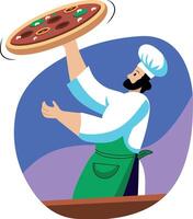 A flat illustration of an expert chef tossing pizza vector