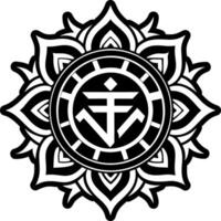 A black and white logo with a symbol on it vector